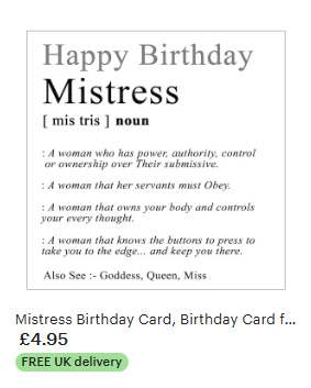 Birthday Card for BDSM Fetish Mistress